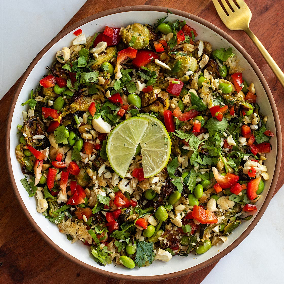 Baked Brussels Sprouts and Crispy Rice Salad