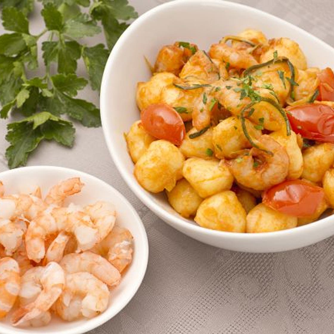 Gnocchi porro e gamberi
