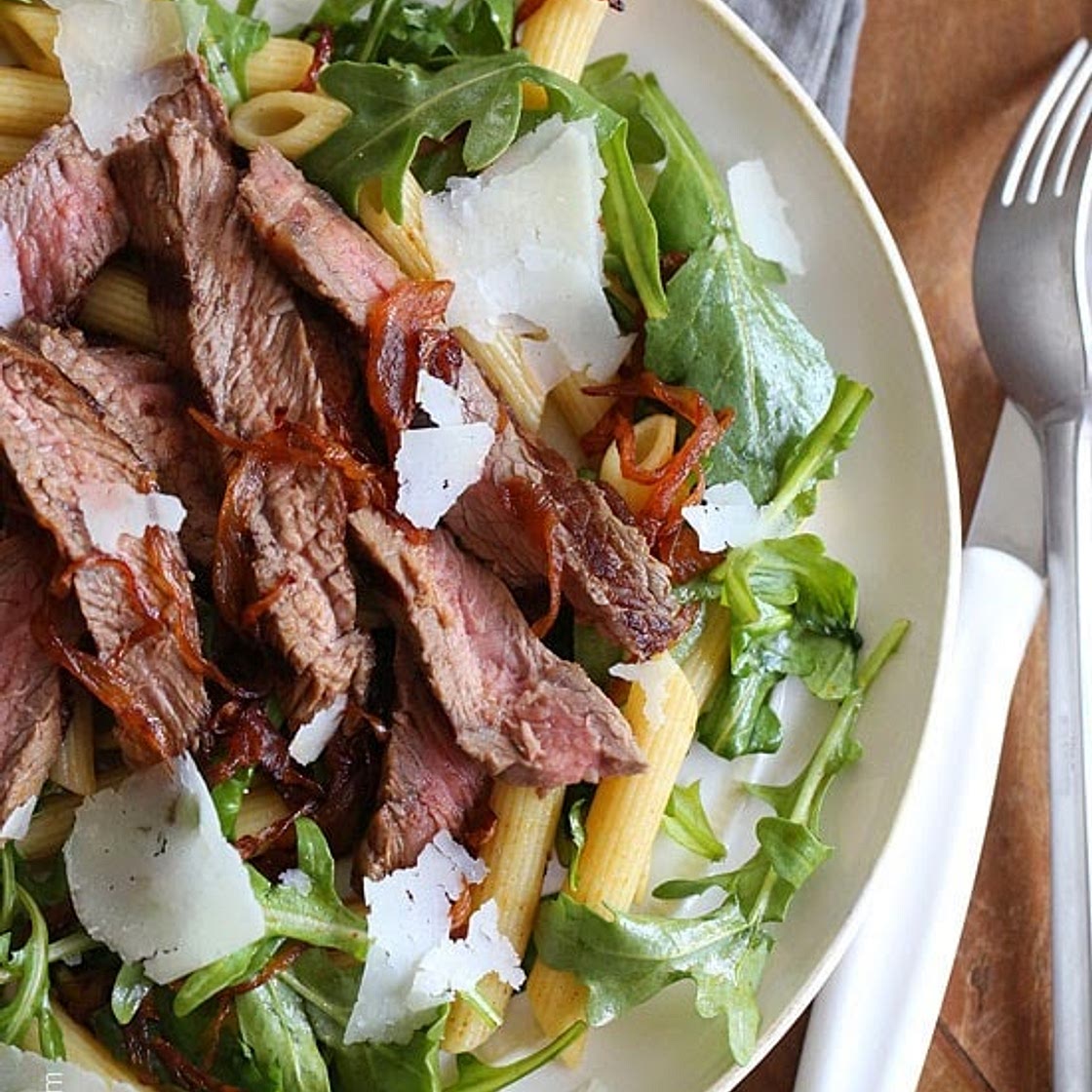 Steak & Caramelized Onions with Arugula and Penne