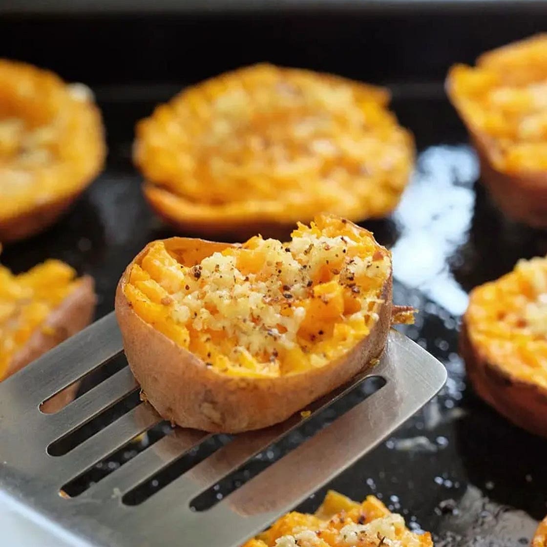 Garlic Butter Smashed Sweet Potatoes