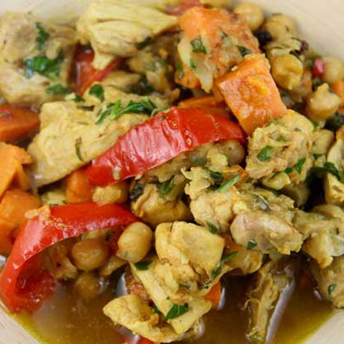 Moroccan Chicken Tagine with Sweet Potatoes and Raisins (slow cooker)