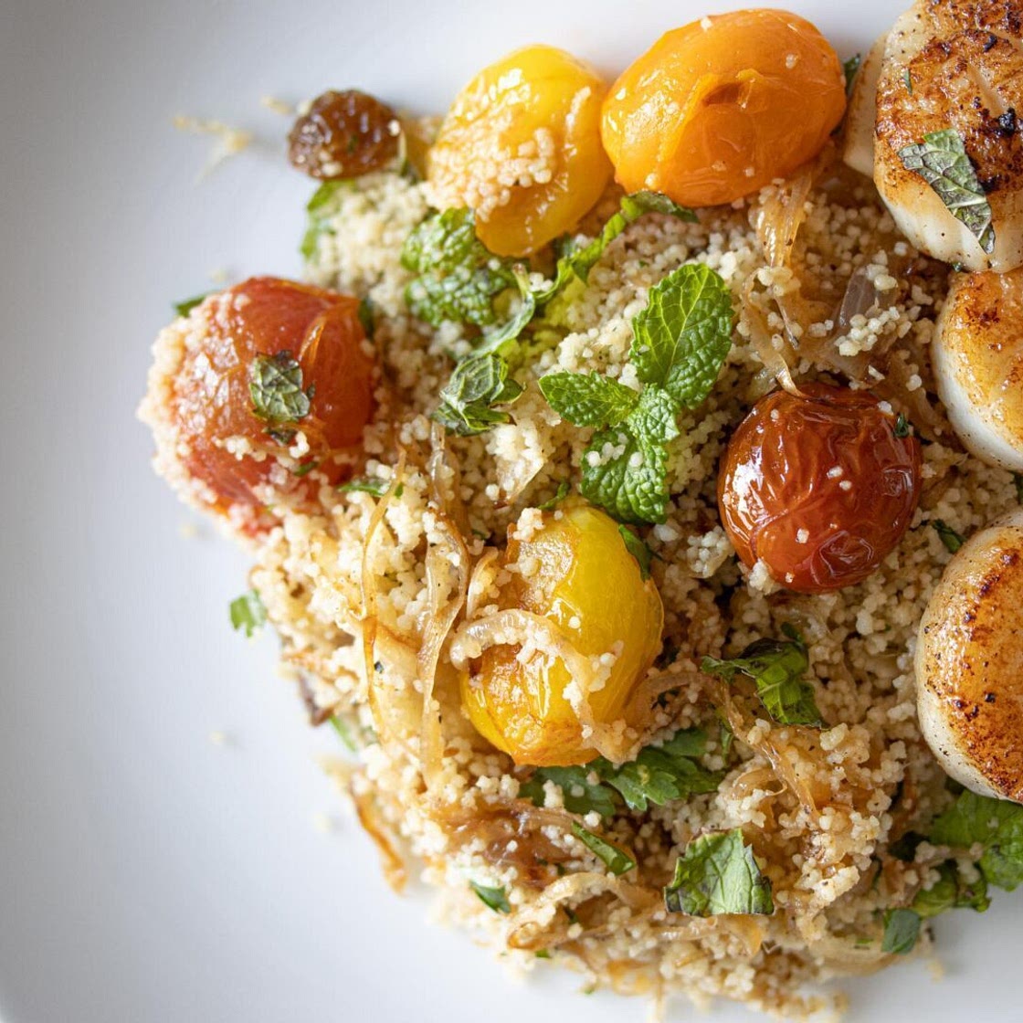 Couscous, Herbs, Tomatoes Salad with Scallops