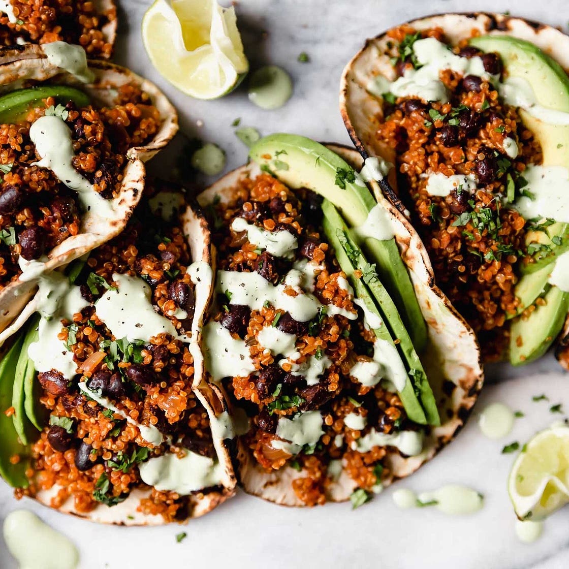 Black Bean Quinoa Tacos with Cilantro Lime Cashew Crema (Vegan, Dairy-Free)