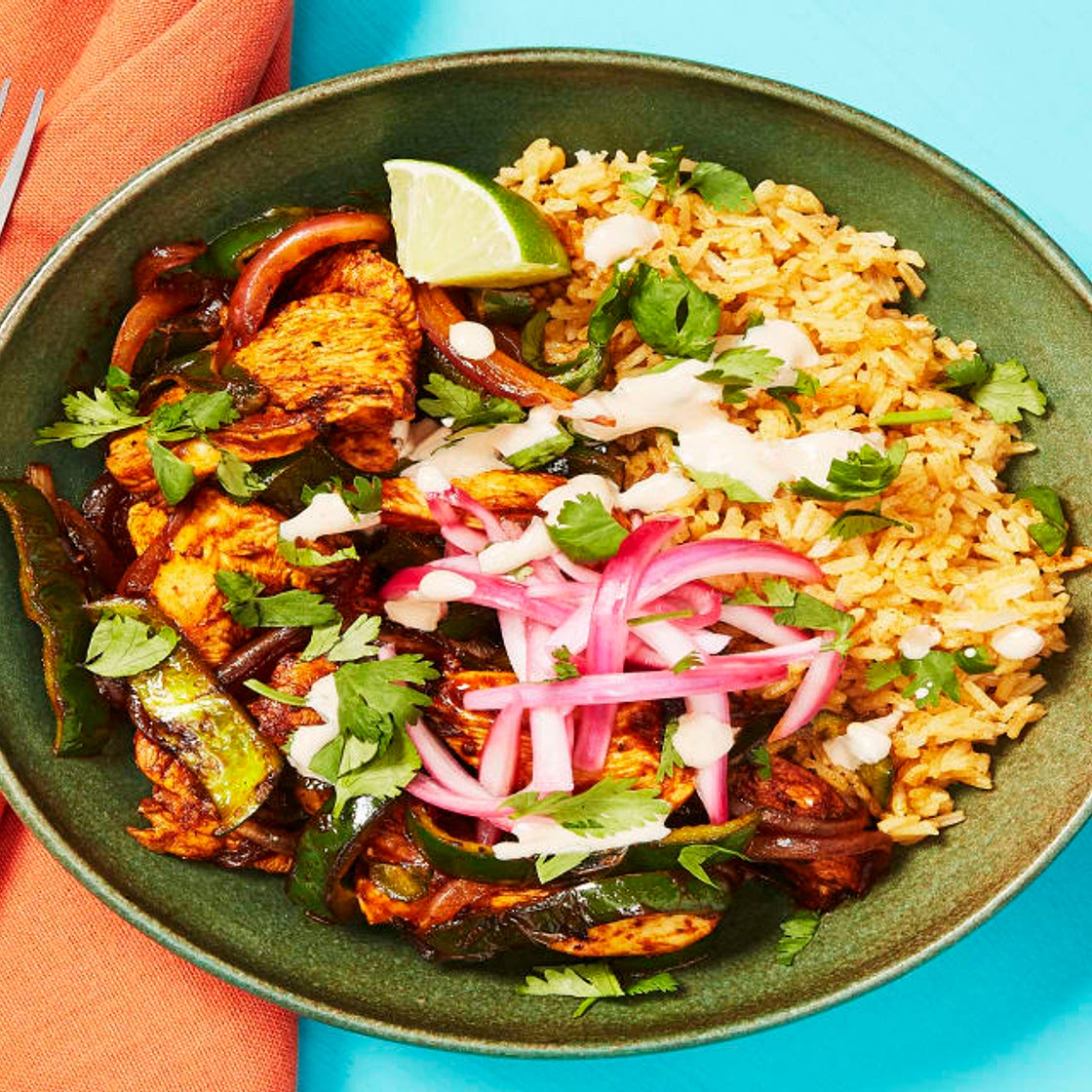 Yucatan Citrus Chicken Bowls with Poblano, Smoky Red Pepper Crema & Pickled Onion