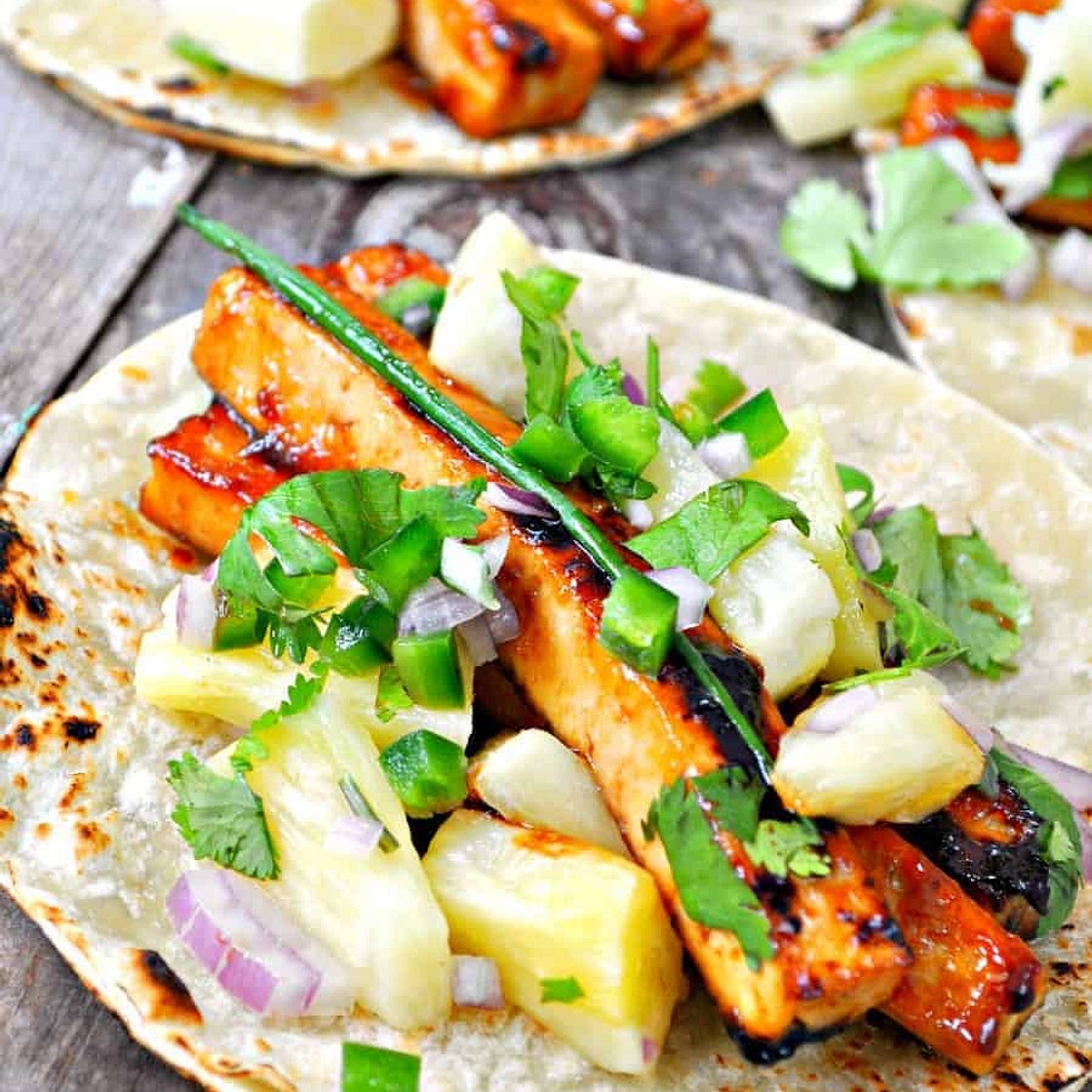 Vegan Teriyaki Tofu Tacos with Roasted Pineapple Salsa