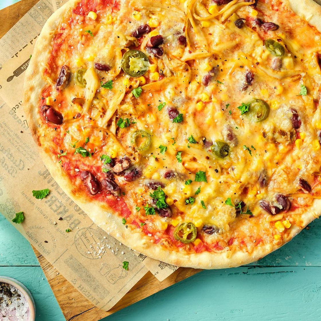 Vegane Texmex-Pizza mit Kräuterseitlingen