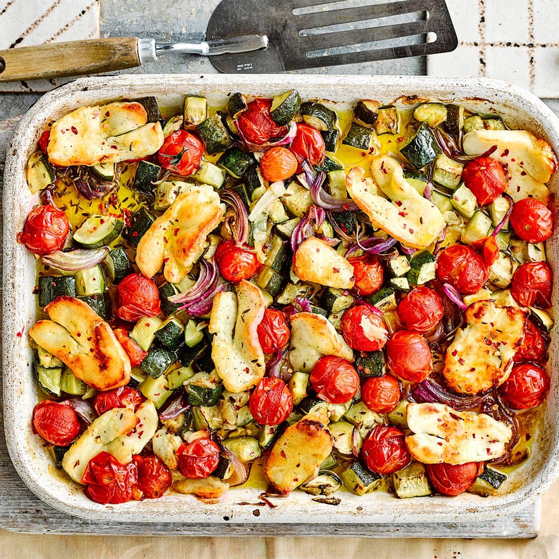 Halloumi and Mediterranean veg traybake