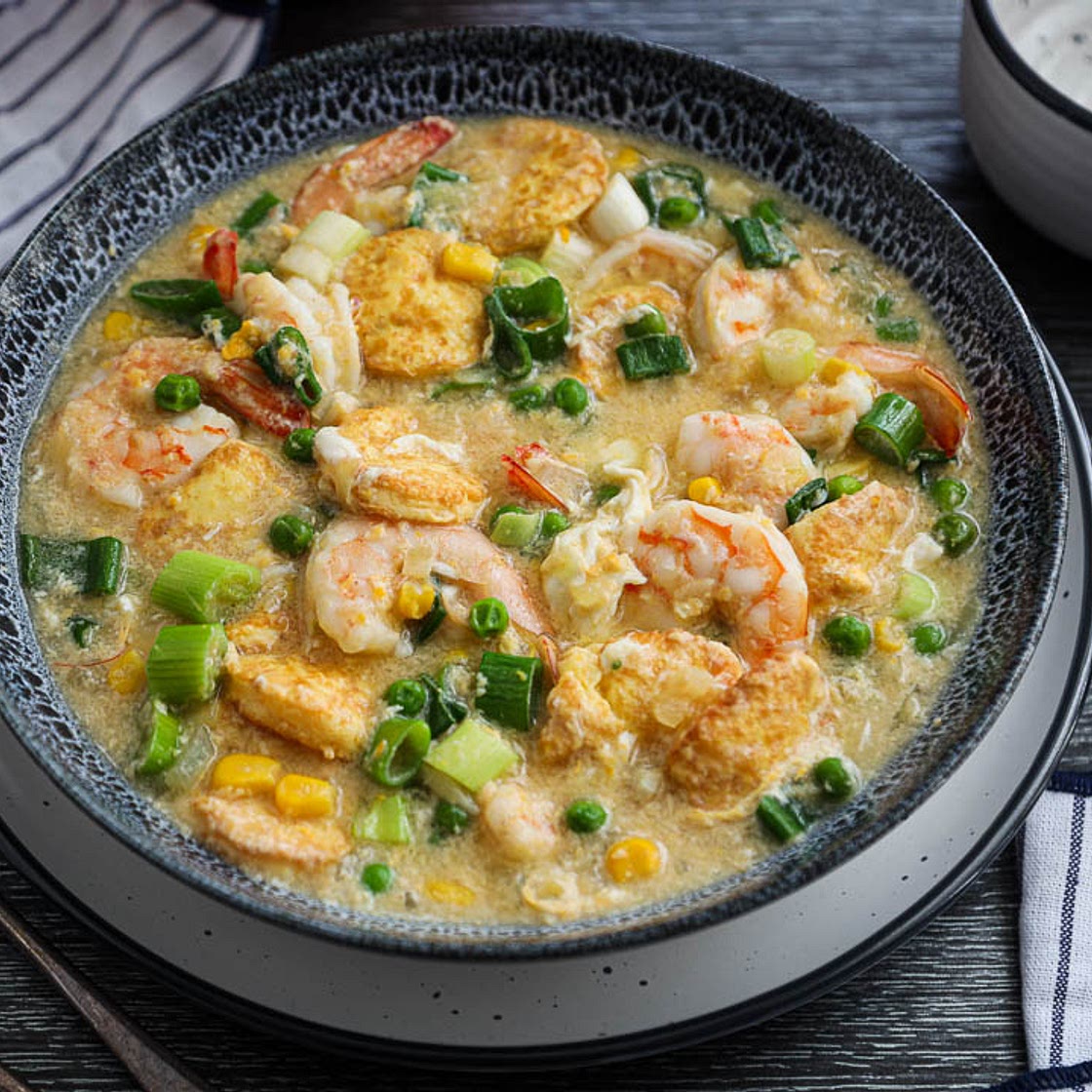 Egg Tofu, Prawns And Peas In Silky Egg Sauce