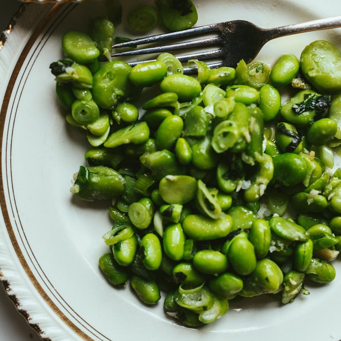 Sautéed frozen edamame and broad (fava) beans