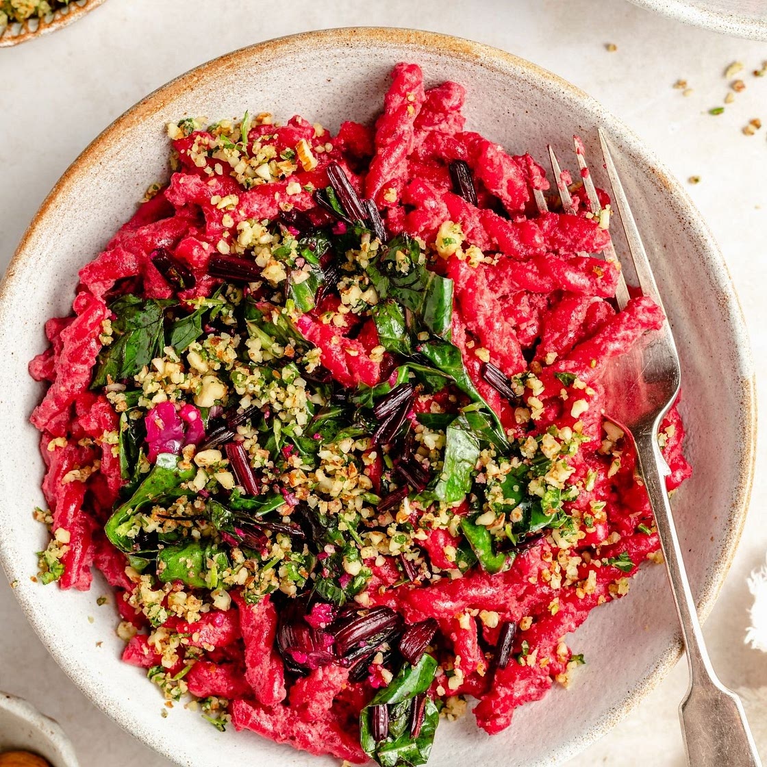 Almond Beetroot Pasta + Nutty Gremolata