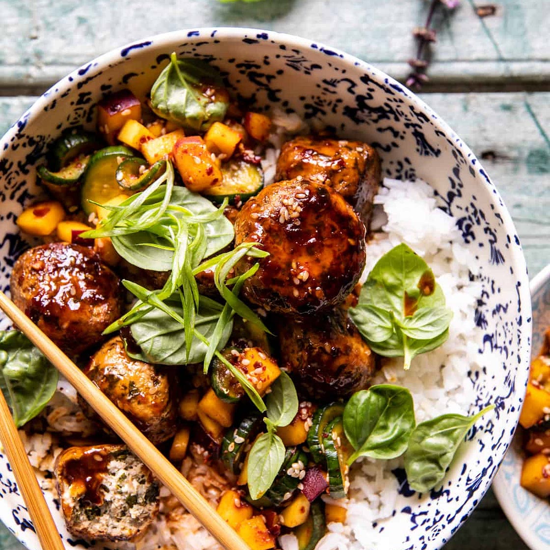 Sweet and Spicy Sesame Meatball Bowl with Mango Cucumber Salad