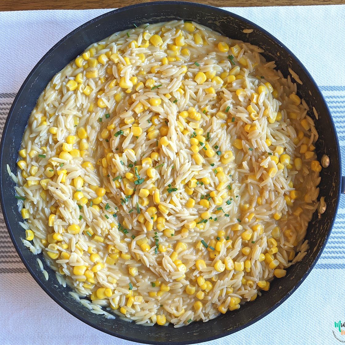 One Pan Cheesy Orzo with Corn