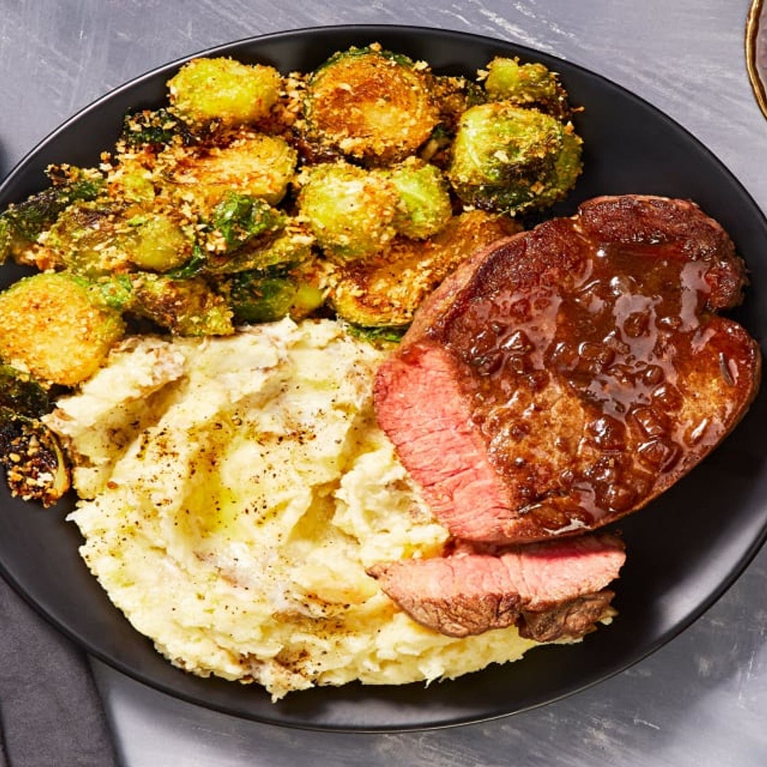 Balsamic-and-Fig Beef Tenderloin with Garlic Mashed Potatoes and Rosemary Breadcrumb Brussels Sprouts