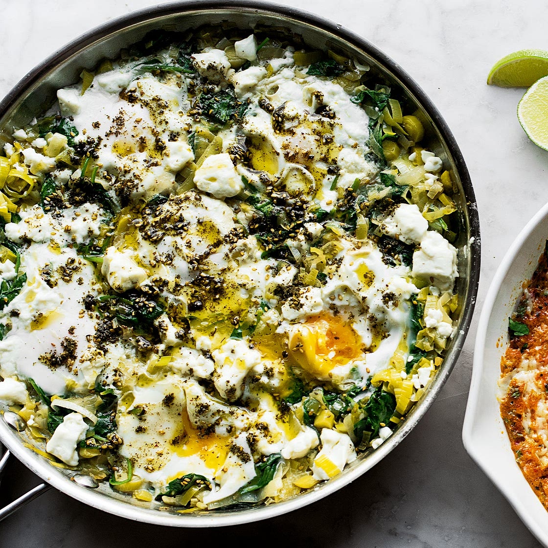 Braised eggs with leek and za'atar