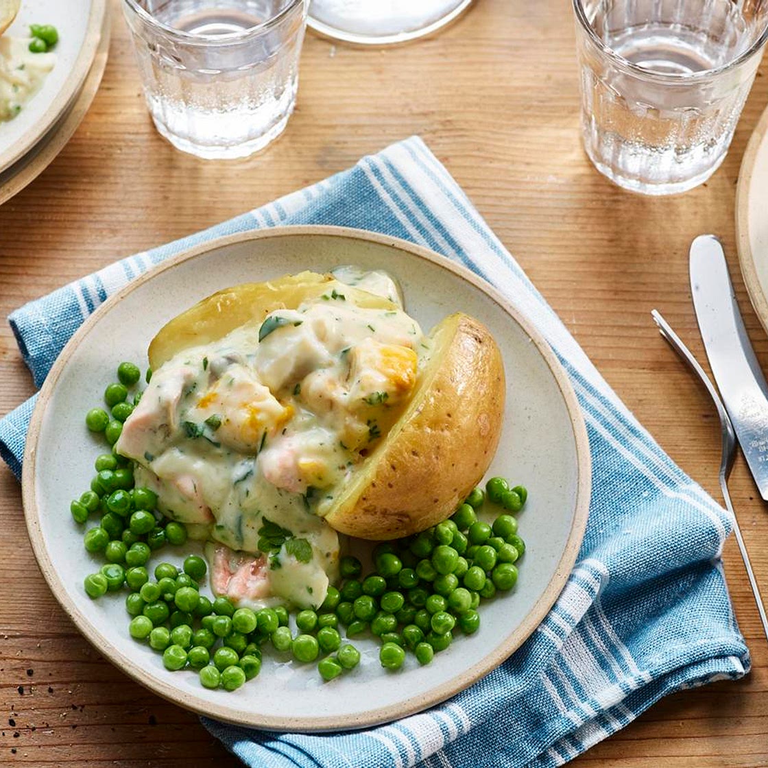 Microwave fish pie jackets with peas