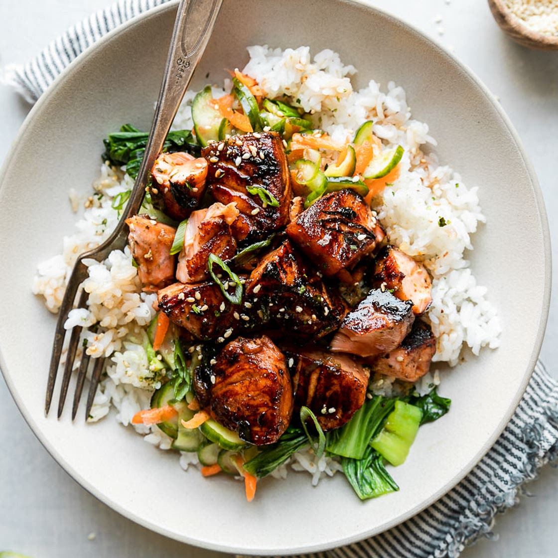 Soy-Glazed Seared Salmon Rice Bowls with Namasu (Sticky and Sweet!)