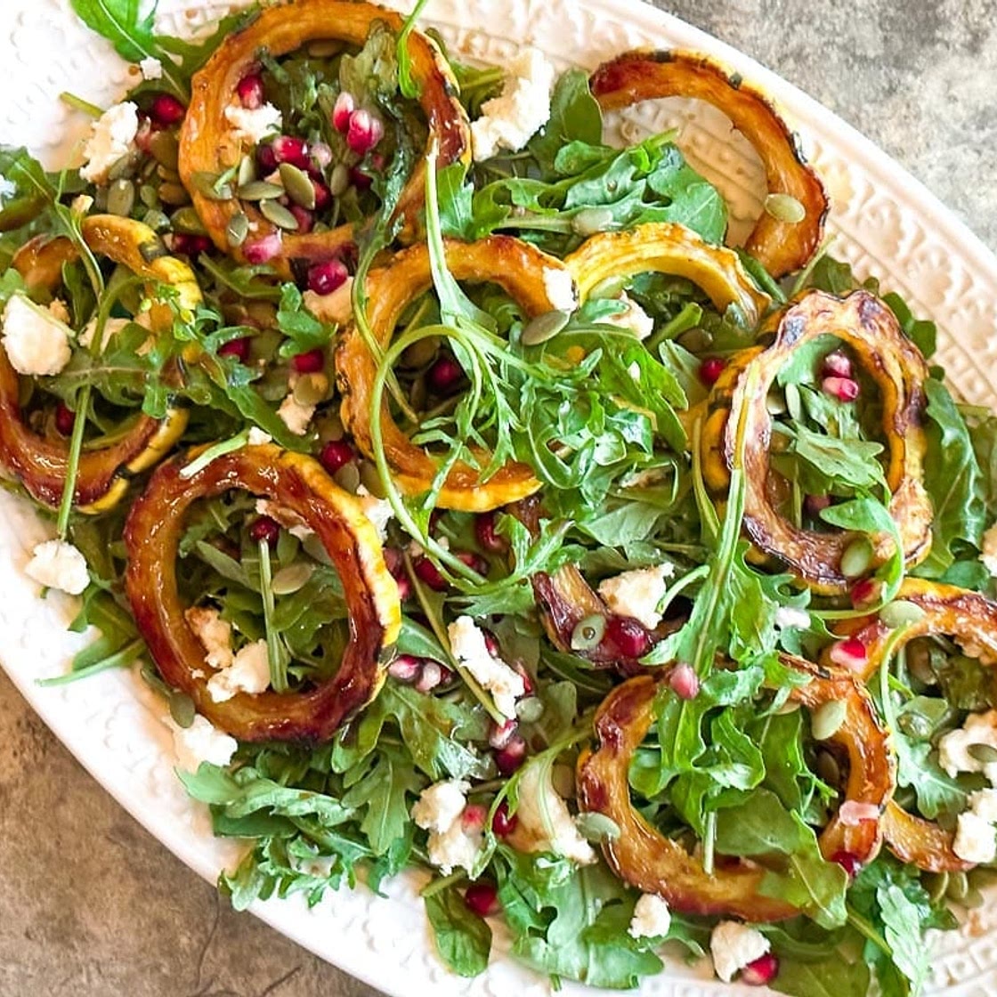 Roasted Delicata Squash & Arugula Salad with Goat Cheese and Pomegranate