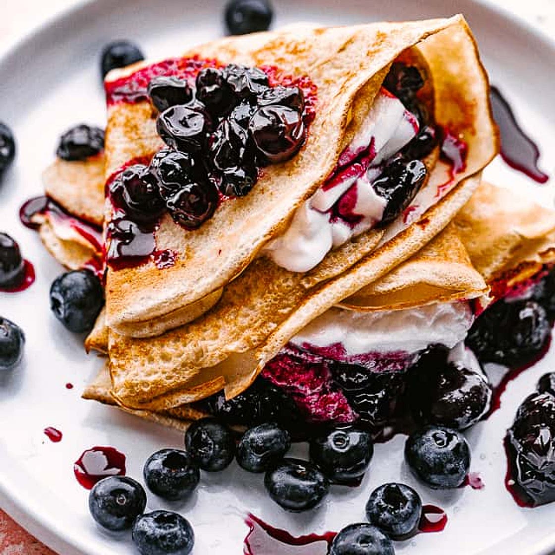 Blueberry Sauce Crepes with Honey Whipped Cream