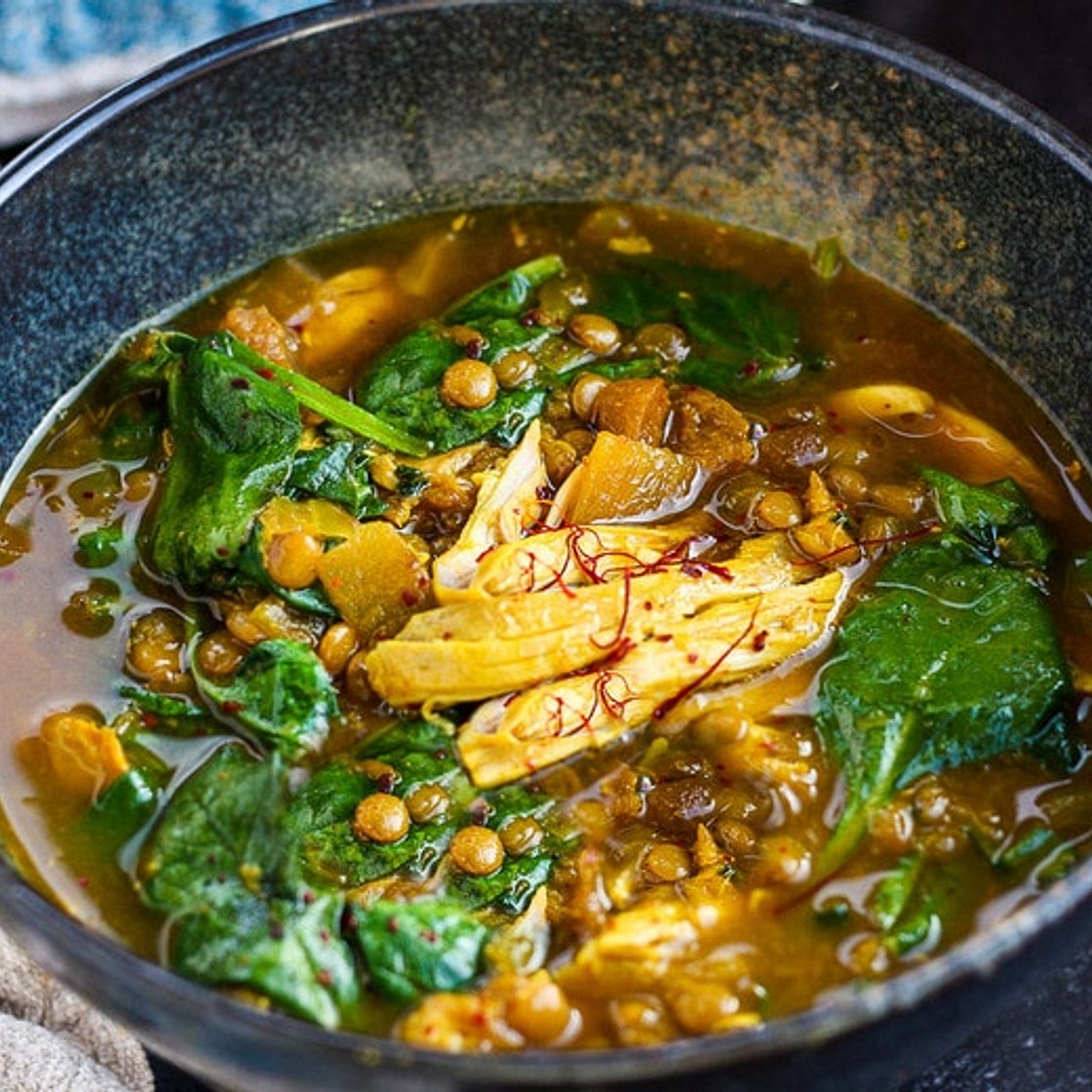 Moroccan Chicken Lentil Soup with Spinach, and Preserved Lemon