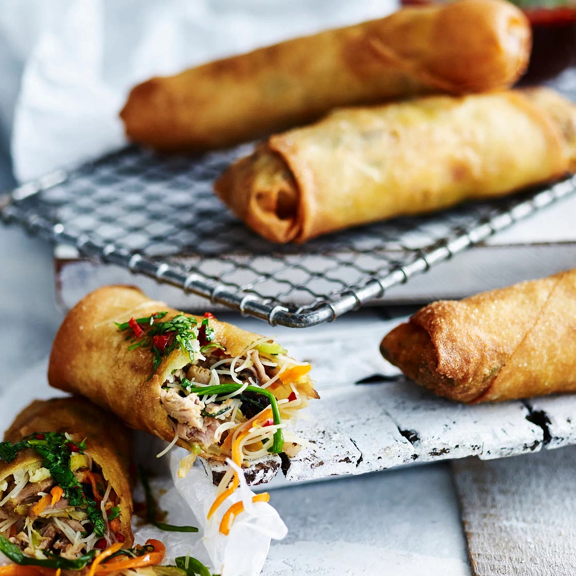 Pork and noodle spring rolls