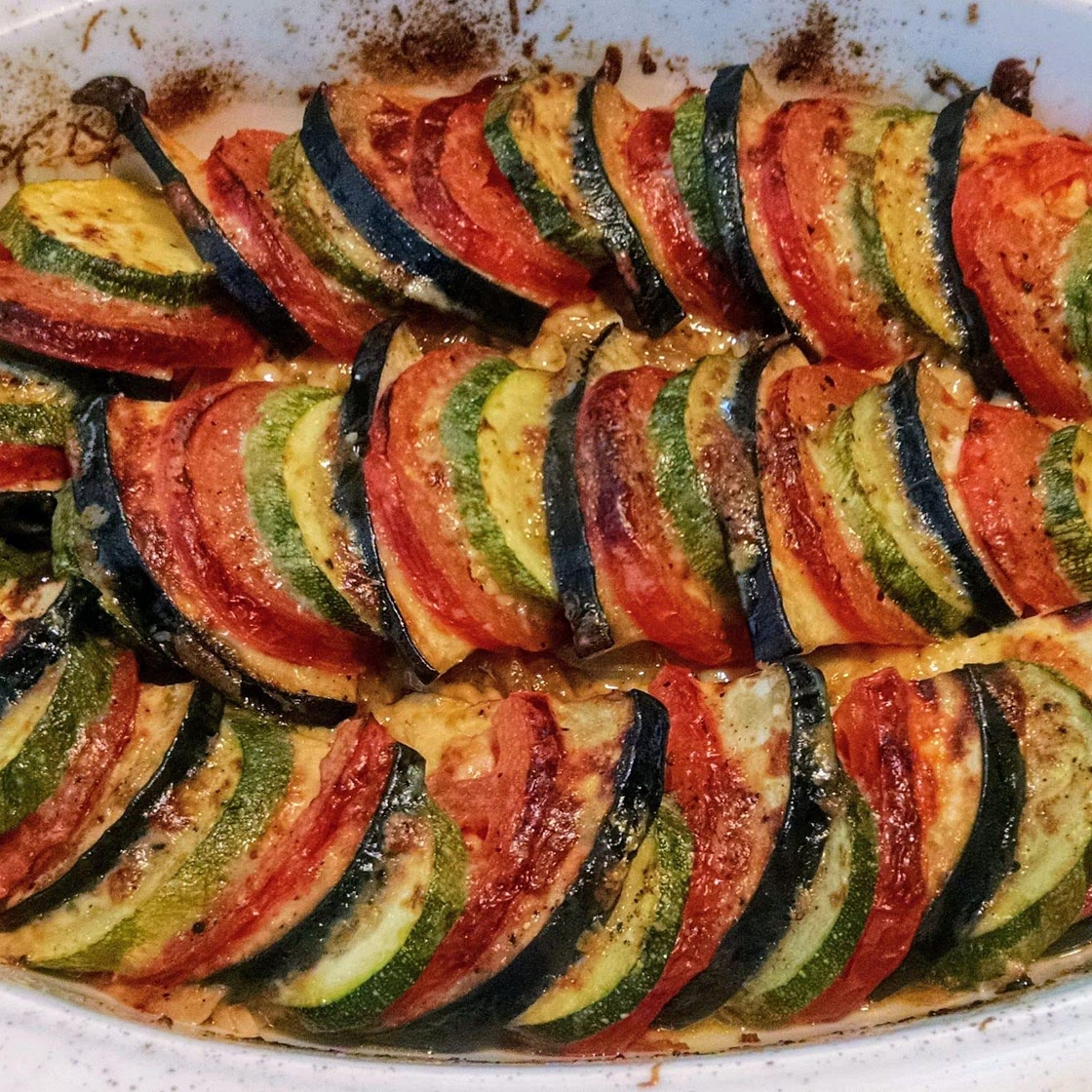 Eggplant zucchini and tomato gratin
