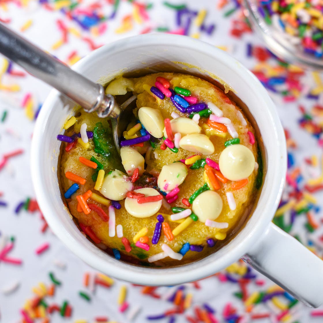 Vanilla Mug Cake Recipe with Rainbow Sprinkles