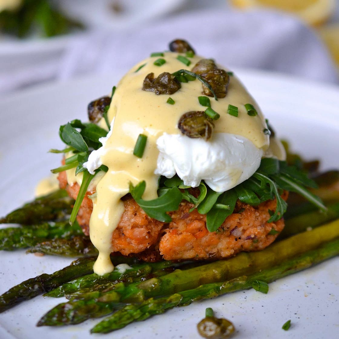 Salmon Cakes Egg Benedict with Lemon Hollandaise & Crispy Capers