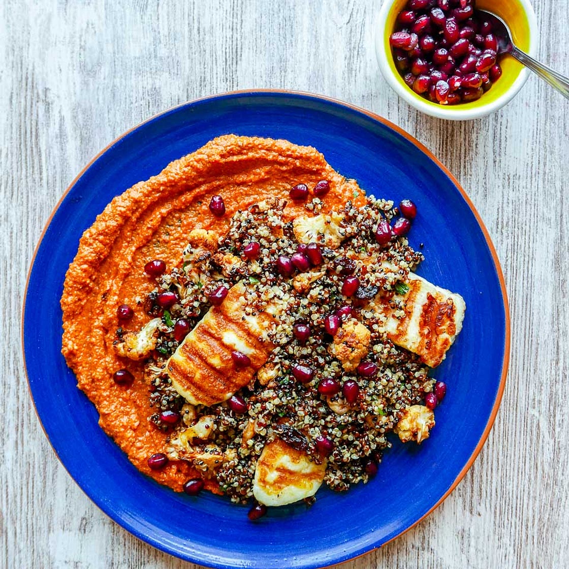Muhammara with Roasted Cauliflower, Quinoa and Halloumi