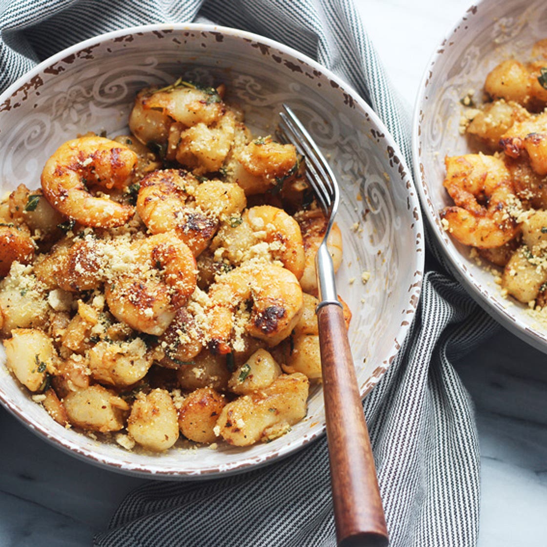 Paleo Cauliflower Gnocchi with sage and blackened shrimp