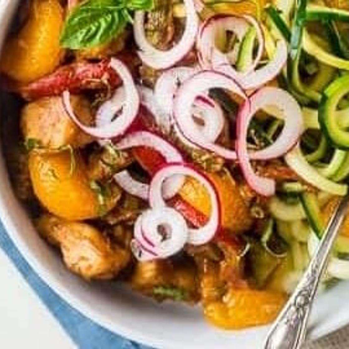 Healthy Chicken Stir Fry with Dijon Orange Almond Sauce and Zucchini Noodles {Whole30 Option + Super Simple}