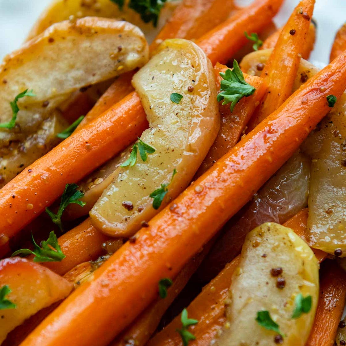 Maple Dijon Glazed Roasted Carrots and Apples
