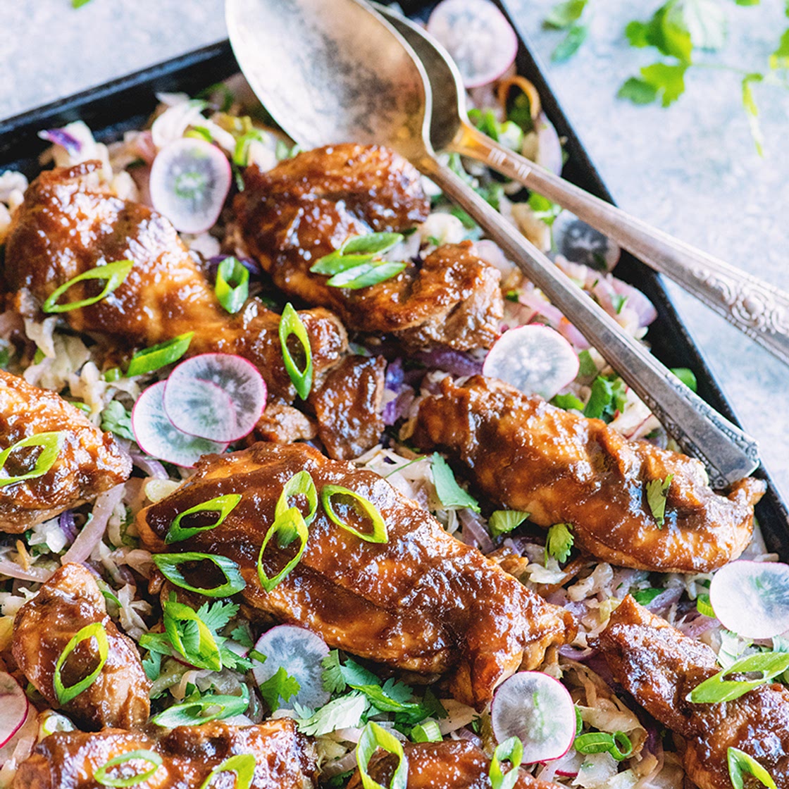 Sticky Sheet Pan BBQ Chicken with Roasted Slaw