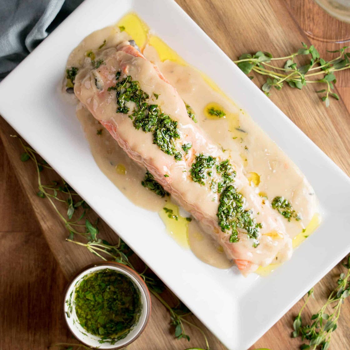 Salmon Poached in Coconut Milk with Lime Cilantro Drizzle