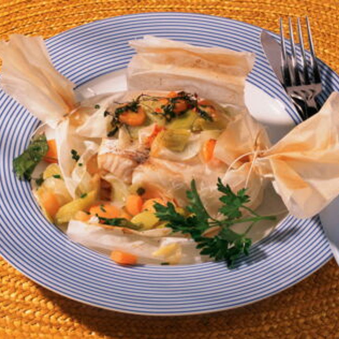 Papillotes de lieu et petits légumes