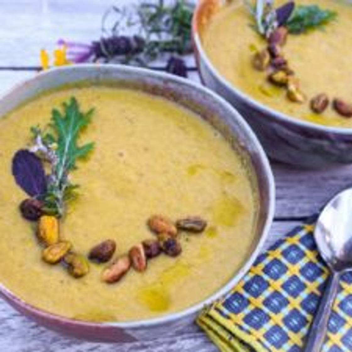 Kabocha Squash Leek Soup with Pistachios