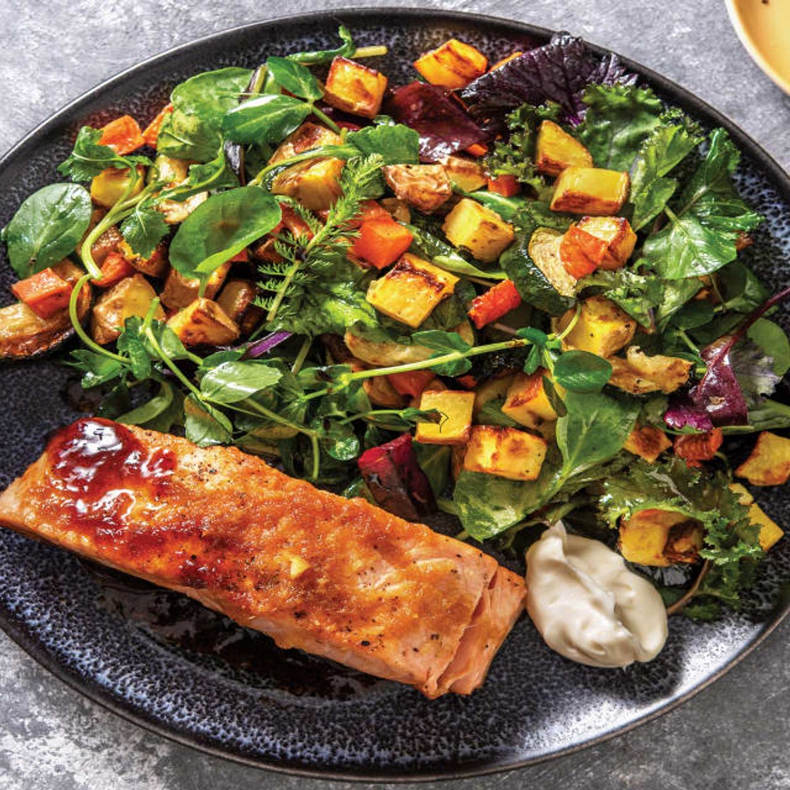 Honey-Soy Salmon with Roast Veggie Salad & Ginger Aioli