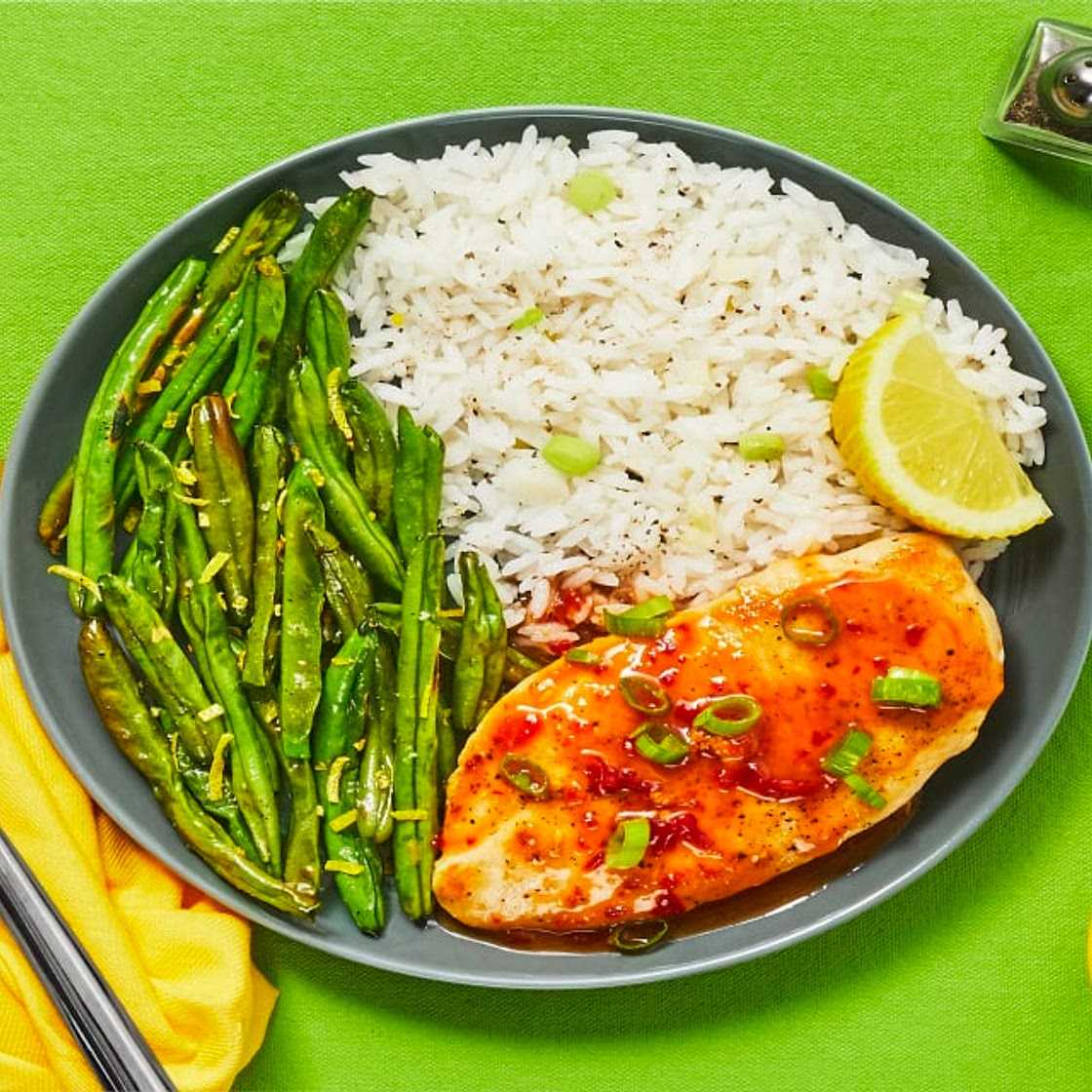 Jammy Red Pepper Chicken with Lemony Green Beans & Scallion Rice