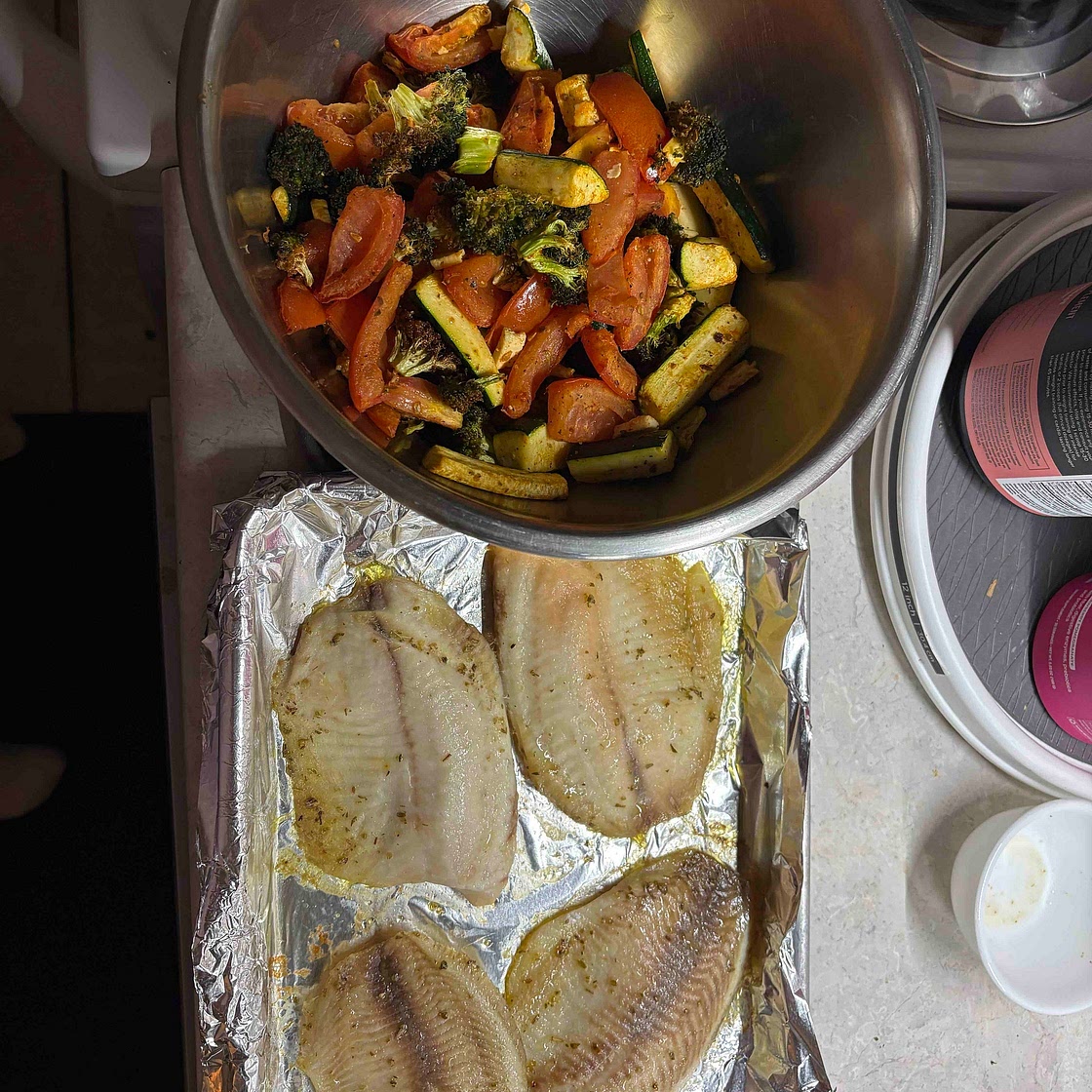 Low-Carb Sheet Pan Fish with Feta–Olive Dressing