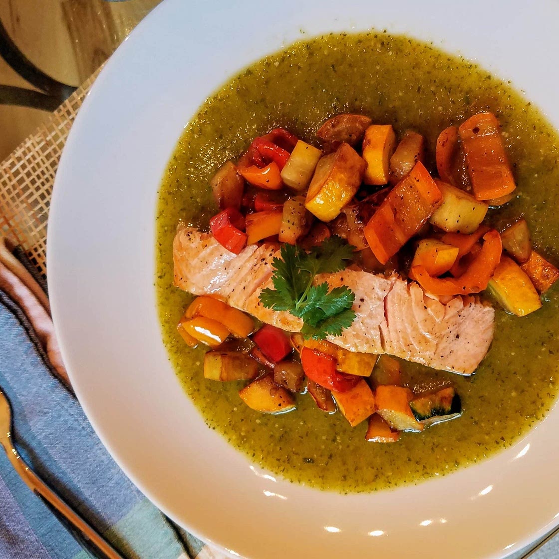 Roasted salmon with tomatillo salsa