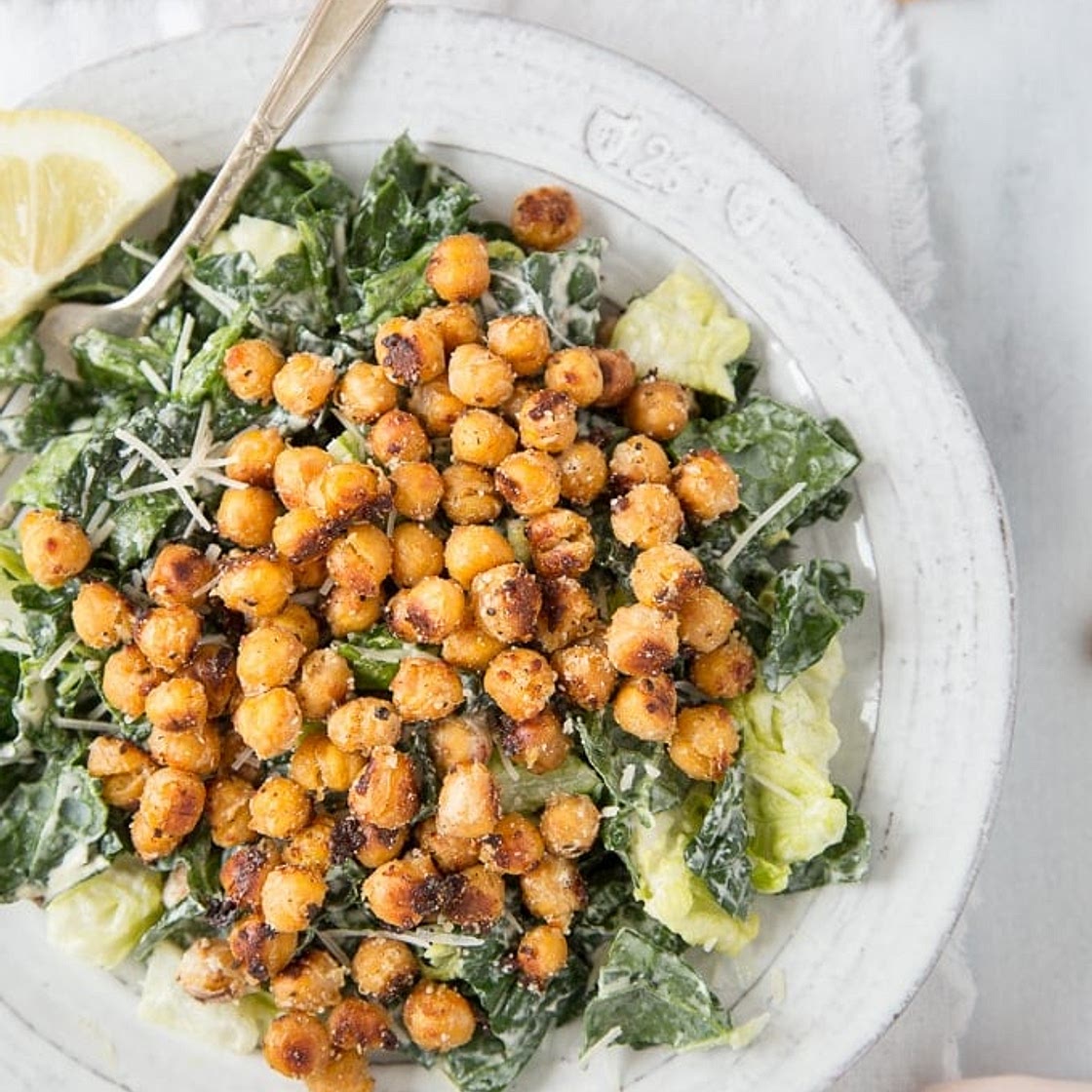 Kale Caesar Salad {with Parmesan Roasted Chickpeas}