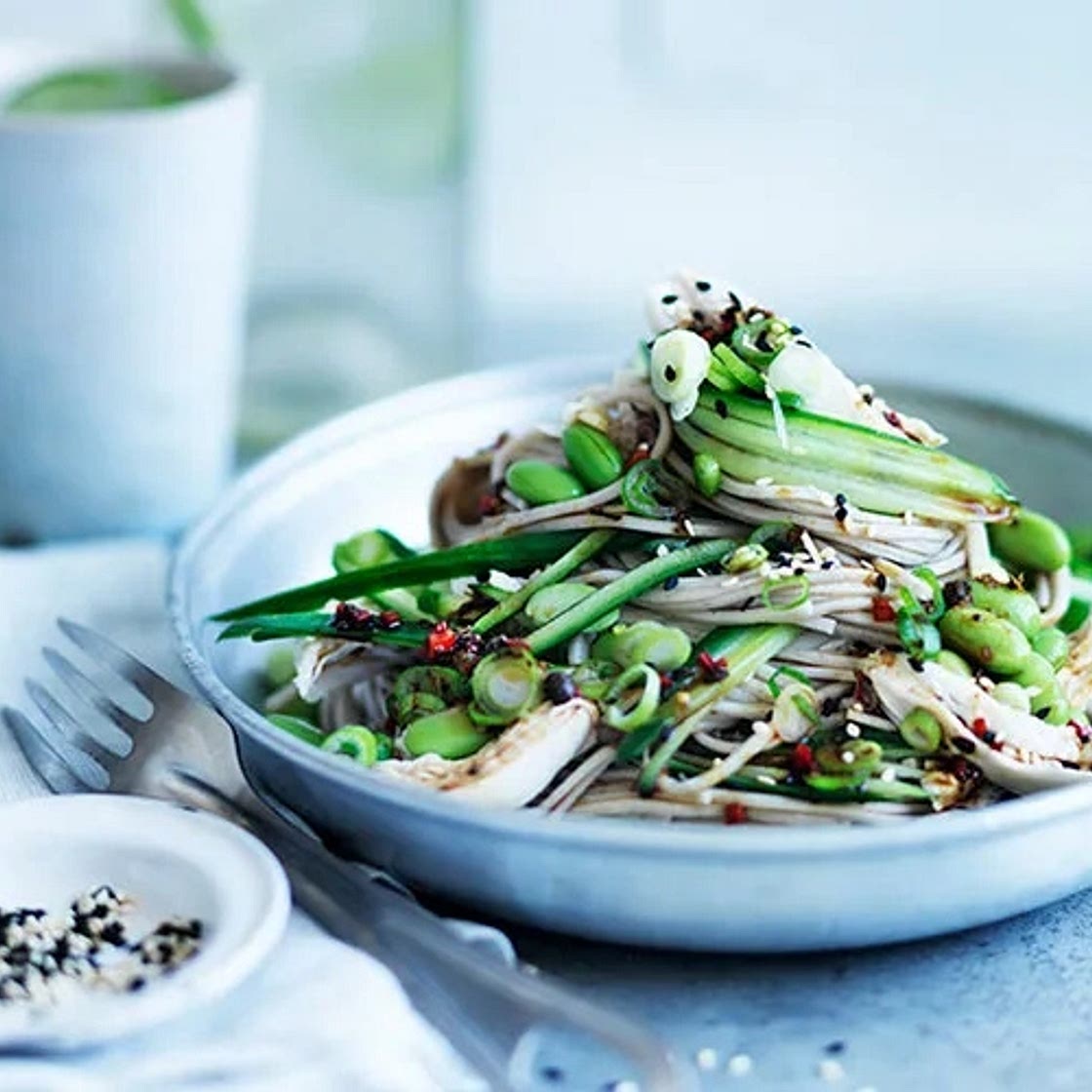 Chicken with chilled noodles, cucumber and Sichuan-vinegar dressing