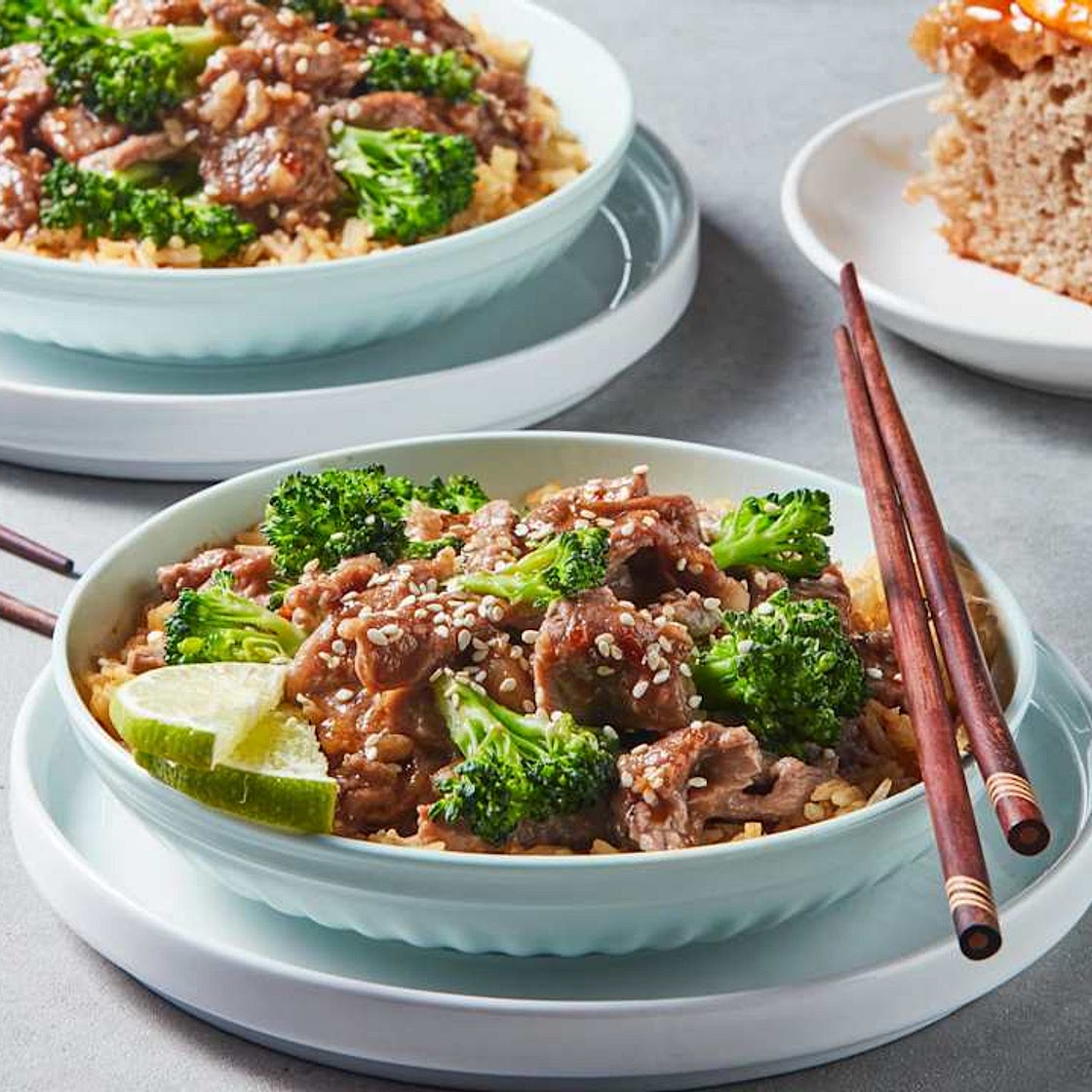 Mongolian Beef with Rice and Steamed Orange Cake