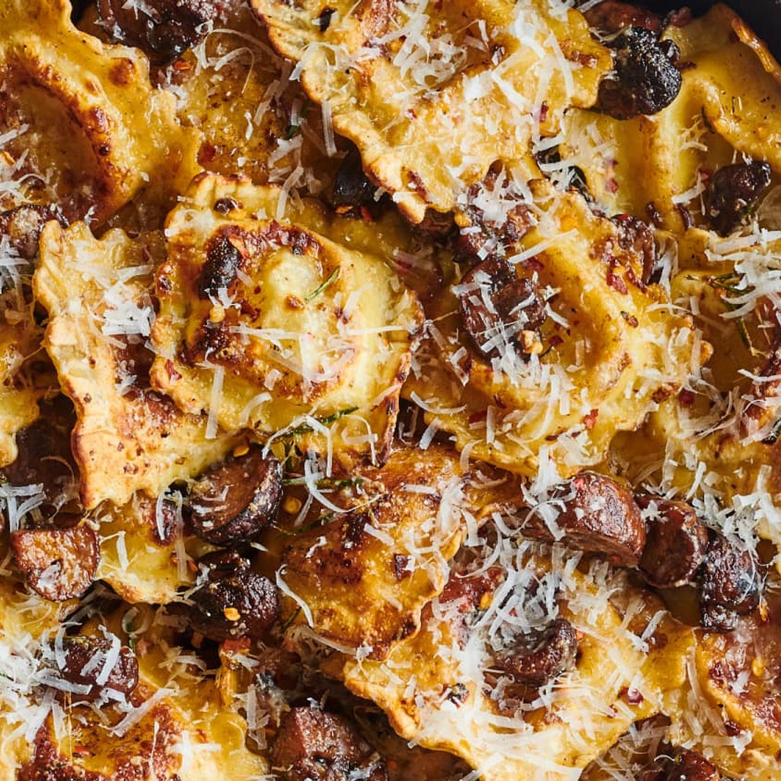 Crispy Skillet Ravioli with Garlic-Butter Mushrooms
