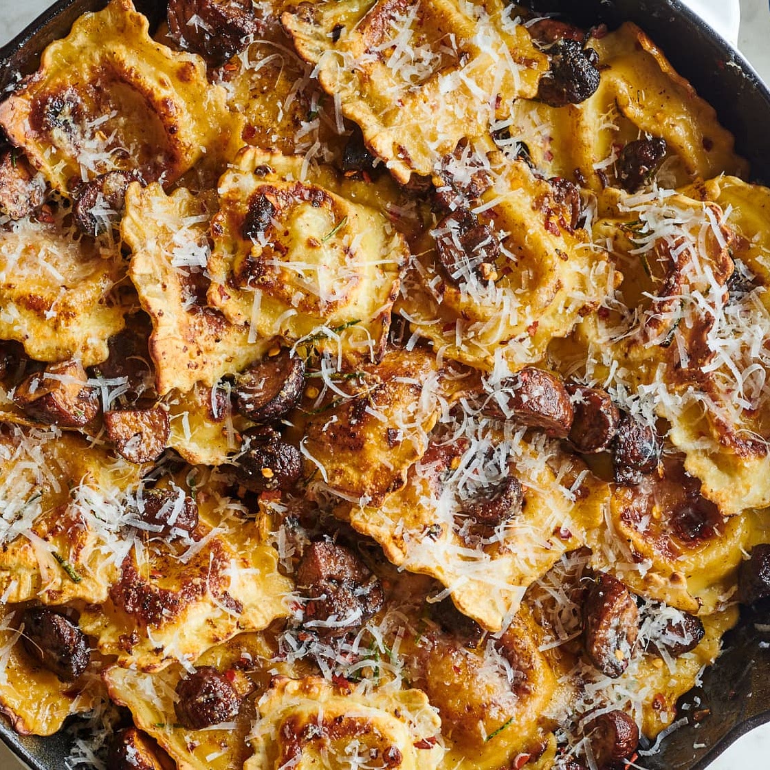 Crispy Skillet Ravioli with Garlic-Butter Mushrooms