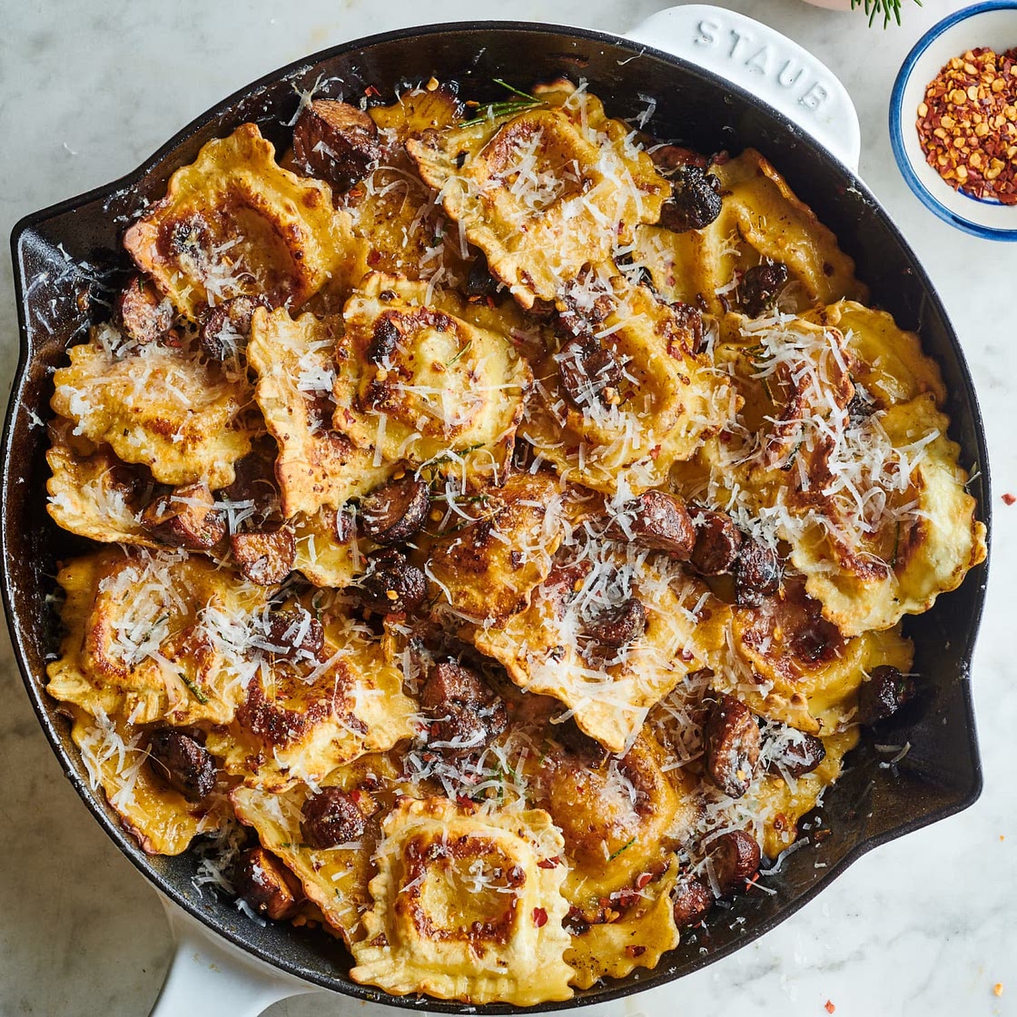 Crispy Skillet Ravioli with Garlic-Butter Mushrooms