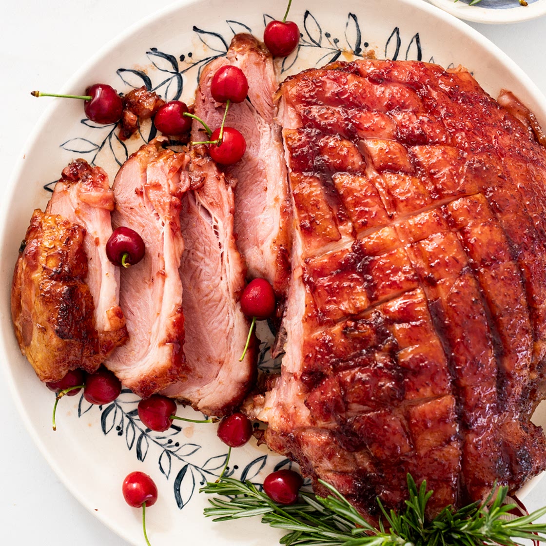 Sticky cherry glazed ham
