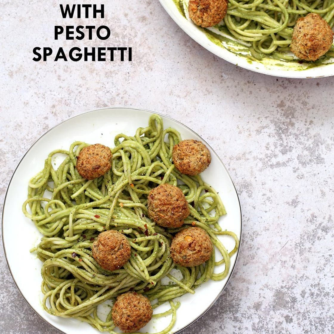 Pesto Spaghetti with Vegan Meatballs (Chickpea Walnut Meatballs)