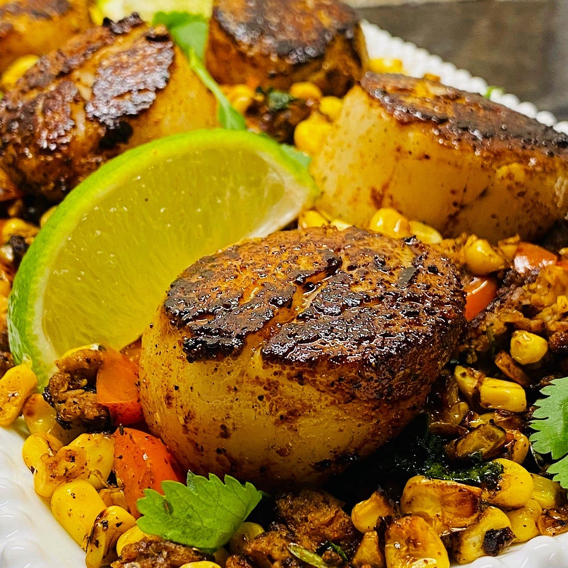 Blackstone Scallops with Chorizo and Corn