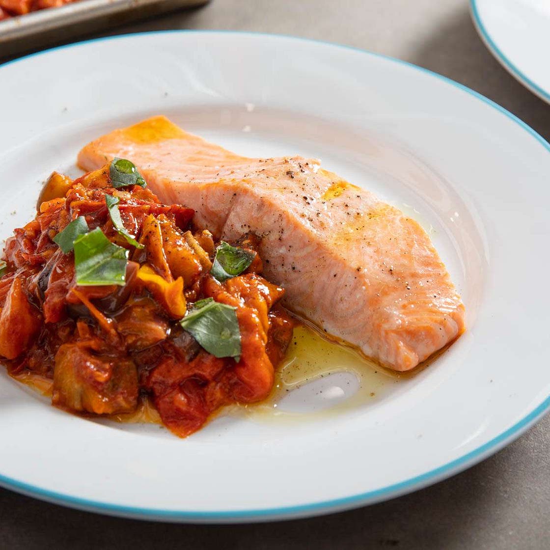 Sheet-Pan Salmon With Tomato-Eggplant Compote Recipe