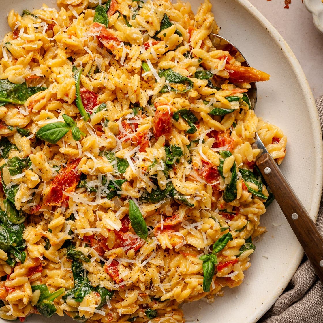Creamy Sun Dried Tomato and Spinach Orzo